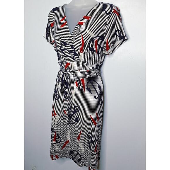 Talbots Nautical Stretch Jersey Dress Large Striped Anchors Short Sleeve Preppy - Picture 2 of 7